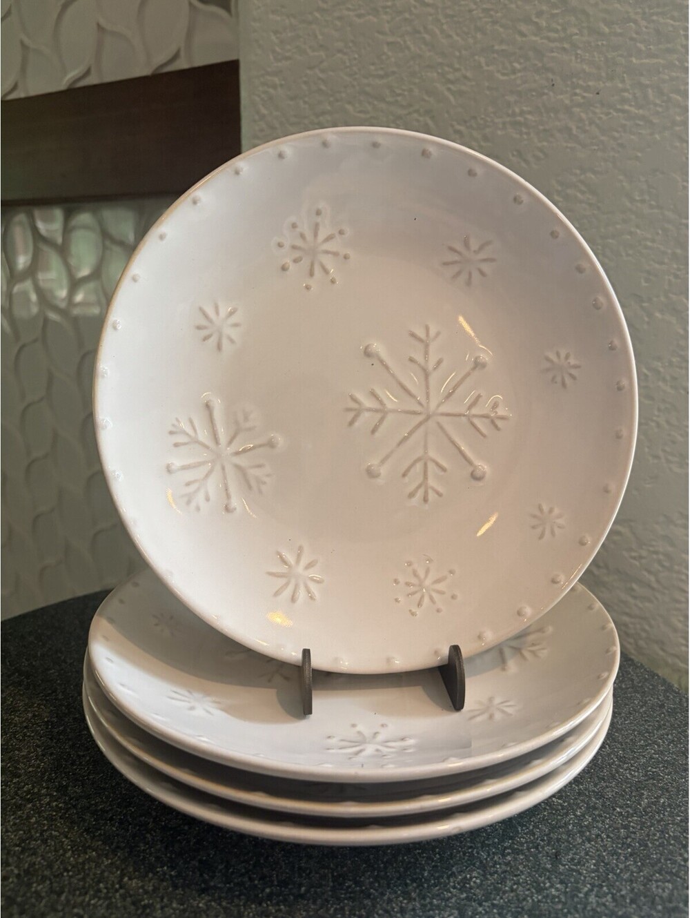 Set of 4 Tag Appetizer Plates 8" Cream Snowflakes Textured EUC